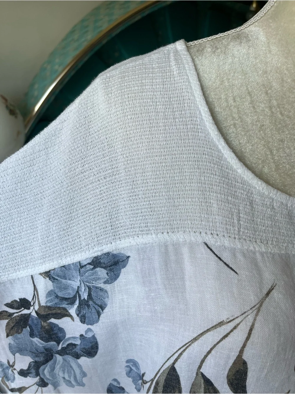 Lungo L’Ajno Linen Tunic Top 3X Blue Floral White Resort Beach Cover Up - Picture 7 of 9
